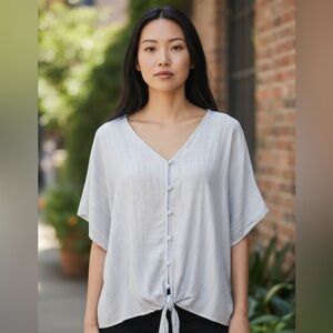 Cafe Marrakesh Top Womens 2X White Blue Linen Boho Beachy Tie Tunic Eco Natural